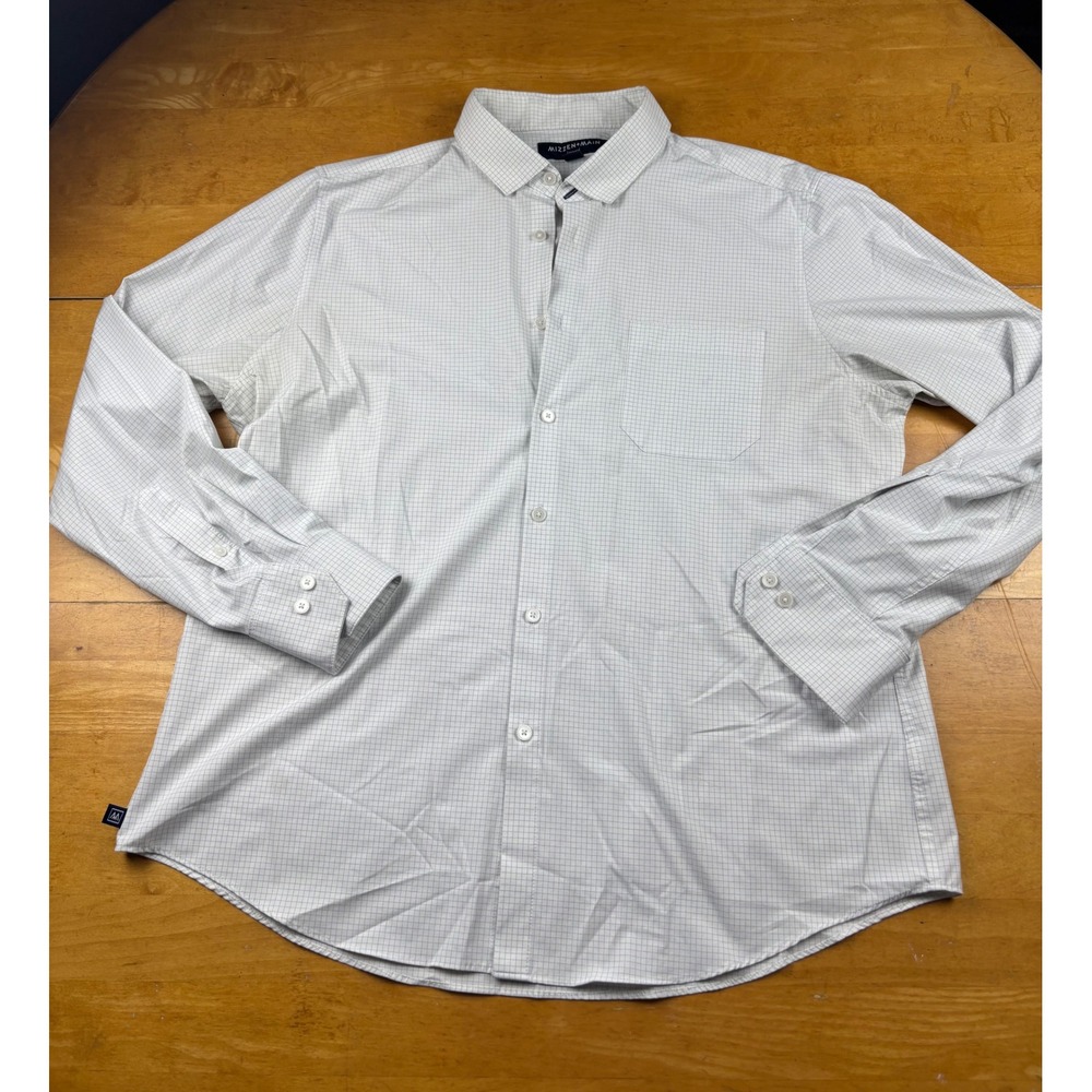 Mizzen+Main Leeward Dress Shirt Mens Large White Blue Grid No Tuck Performance